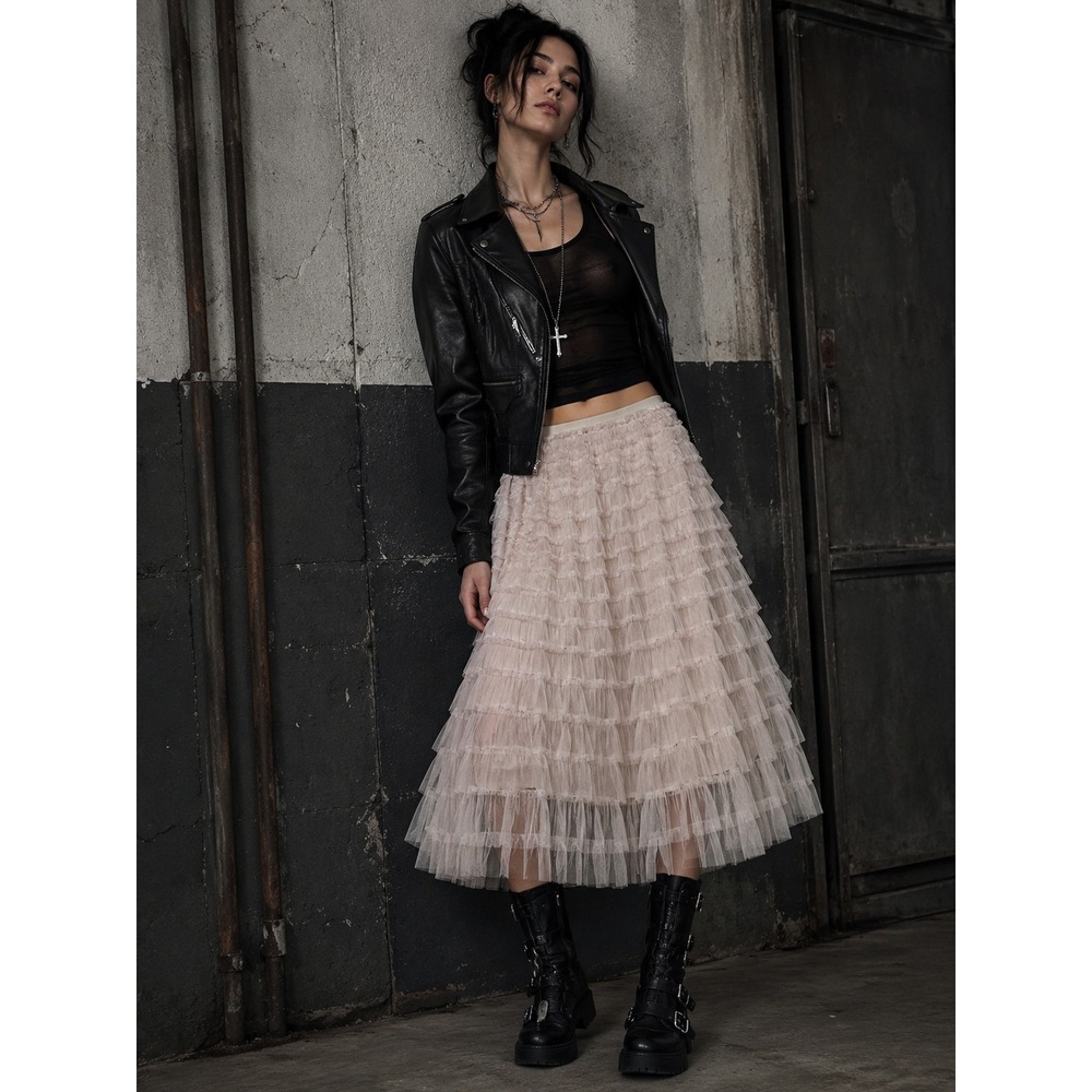 Tulle Ruffle Maxi Skirt Womens XL Blush Nude Tiered Mesh Whimsical Romantic Soft - Picture 3 of 8